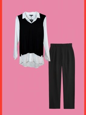 Adriana Papell Women’s Sz Small Top Black and White Solid V-Neck Twofer Sweater